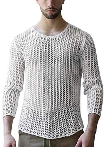 Camiseta de punto transparente para hombre de malla, cuello redondo, manga larga, suelta, cubierta hueca, parte superior de punto sexy, camisas de malla de manga larga, camiseta interior de red