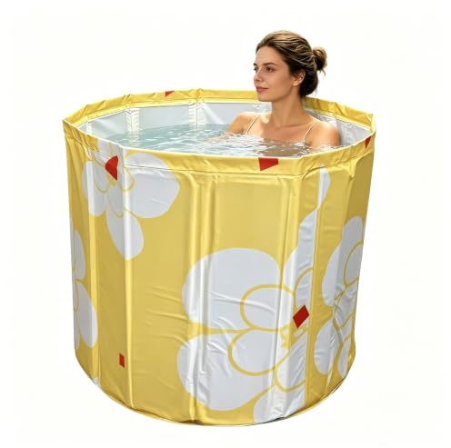 Wellzenith® Vasca da bagno pieghevole 70 × 65 cm per adulti – Vasca da bagno profonda portatile per acqua calda e fredda con tubo di scarico e cuscino da seduta, salvaspazio vasca pieghevole per