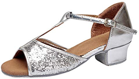 LaoZan Children's Dance Shoes Sequins Latin Dance Shoes Women's Soft Salsa Practice Dance Sandals Low Heel (Silver#1, Size 25)