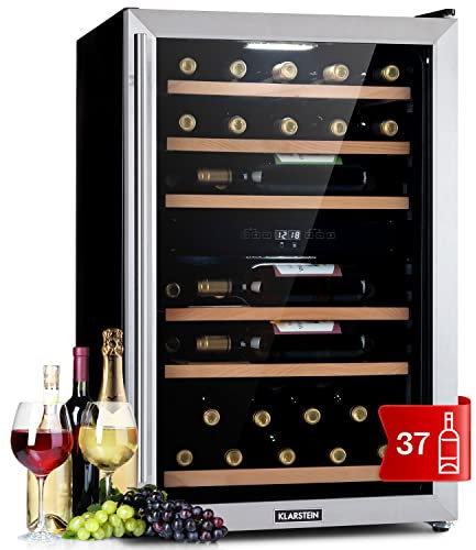 Klarstein Weinkühlschrank, Getränkekühlschrank Schmal, Kühlschrank mit Glastür, Getränkekühlschränke Freistehend, Weinkühlschrank Klein, Weinkühlschränke 2 Zonen, UV-Schutz, 4-22 °C, 37 Flaschen