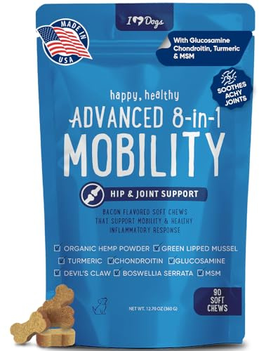 iHeartDogs Hip & Joint Supplement for Dogs - Advanced 8-in-1 Dog Joint Supplement Chews with Glucosamine, Chondroitin, Turmeric, Devil's Claw, Green Lipped Mussel, Hemp, Yucca, Boswellia & MSM - 90 Ct