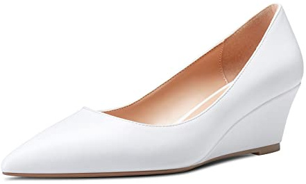 Aachcol Femmes Compensé Talon Mi Talon Heel Pointu Bout Escarpins Slip-on Chaussures Mariage Party 5 CM Blanc Satin 42 EU