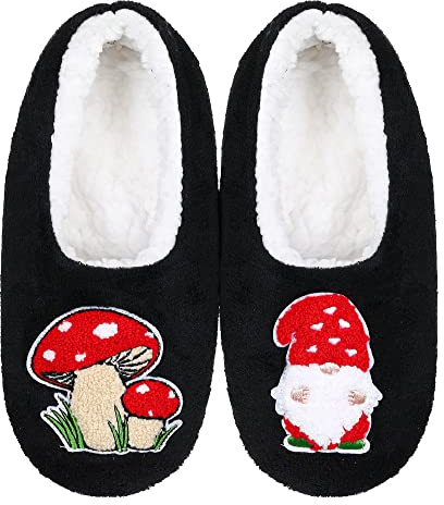 ZYZX Zapatillas Bailarinas de Estar por Casa para Mujer con Forro Polar,Calcetines Antideslizante Invierno Interor (Patrón Gnomo Hongo)