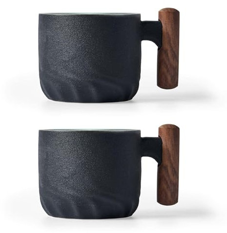 BlogBlog Tasses à expresso en céramique avec poignée en bois - Tasses à thé en céramique - Pour café ou thé - 59 ml (noir, 2)