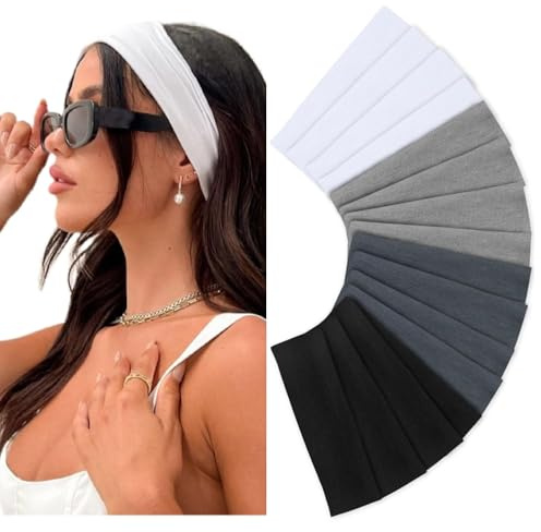 Huachi Headbands for Women Non Slip 16 Pack Elastic Sports Hair Bands for Women, Soft Cotton Cloth Headband for Workout Yoga Fashion Hair Accessories, Black White Gray Trendy Head Bands