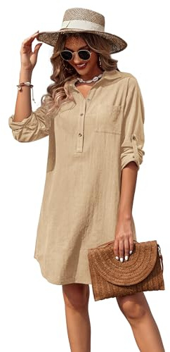 Zeagoo Women Summer Dresses Casual 3/4 Sleeve Cotton T-Shirt Dress Button Down V-Neck Flowy Aline Beach Sundress Cover Up,Khaki,s