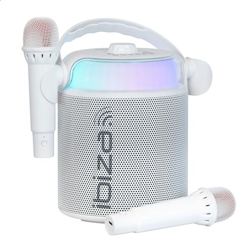Ibiza - KARAHOME-WH - Batteriebetriebener Karaoke-Lautsprecher mit Zwei drahtlosen Mikrofonen (batteriebetrieben) - Bluetooth, USB, MicroSD, USB, AUX und Coax - Weiß