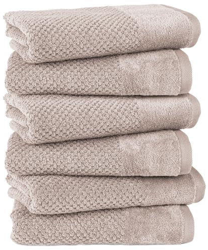 Pure Label 6-TLG. Handtücher Set mit Aufhängeschlaufen aus 100% Baumwolle, saugstark, weich und Oeko-TEX Zertifiziert - 6er Pack Handtücher 50x100 cm aus feinster Baumwolle, Beige - Taupe