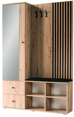 Lomadox Garderoben Set Flurgarderobe Kompaktgarderobe mit Garderobenschrank Spiegel Schuhregal Sitzkissen Eiche mit schwarz