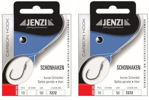 Set 2 Packungen gebundene Schonhaken ohne Wiederhaken, Angelhaken von Jenzi (20 Stück), 50cm Hakengröße 4, 6, 8, 10, 12 &14 je nach Auswahl + gratis Petri Heil! Aufkleber (Hakengröße 4)
