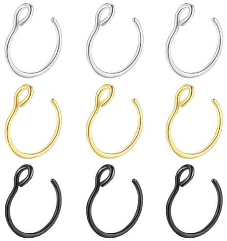 GXGM 9 Pièces Acier Inoxydable Faux Anneau De Nez Bague Au Nez Septum Bijoux De Piercing,3 Coulours,8mm