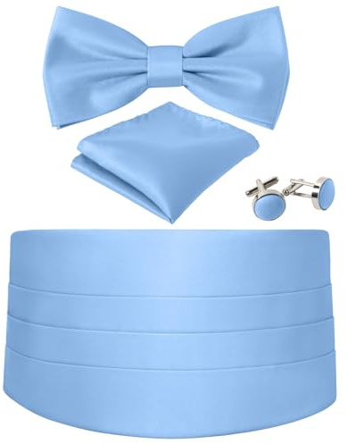 Cummerbund and Bow Tie Set Solid Color Adjustable Formal Men's Light Blue Cumberbund Bowtie Cufflinks Set & Pocket Squares