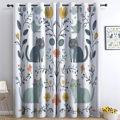 Curtains Eyelet Blackout Curtains with Cute Cat, Flowers Print Pattern Thermal Soundproof Decorative Window Drapes Curtains White for Bedroom Living Room Door W 46 x L 54 (2 Panels)