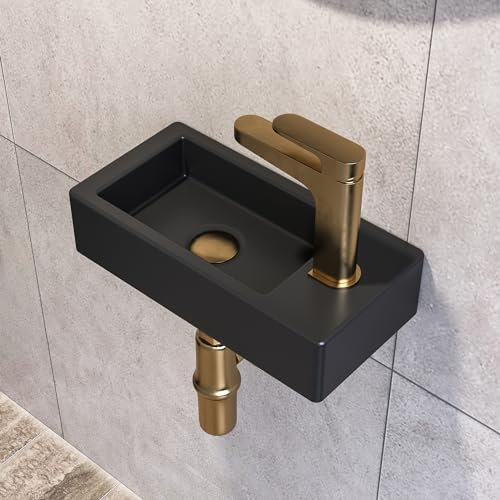 DeerValley Kleines Waschbecken Gäste wc Waschbecken Schwarz matt Rechteckig Keramik zum Aufhängen für Badezimmer Waschbecken Handwaschbecken, WC, 365 x 180 x 90 mm Wasserhahn Rechts