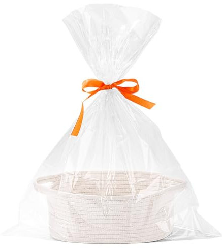 Hiseng Cesta de Regalo Vacía con Bolsas de Regalo y Cintas, Cesta de Almacenamiento de Cuerda de Algodón Trenzada, Kit Cesta Regalo para Envolver Regalos, Navidad, Boda, Cumpleaños (Blanco)