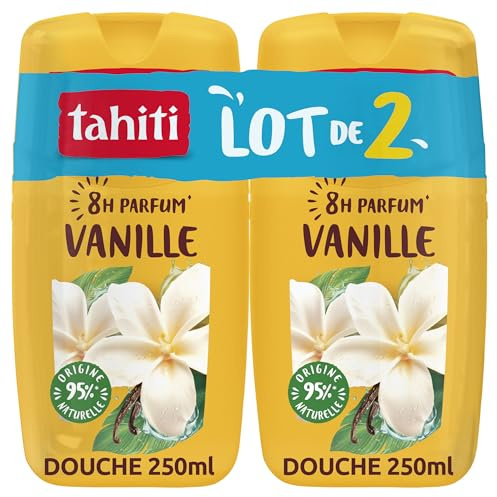 TAHITI - Gel Douche Parfum Vanille - Parfum Gourmand 8h - Extrait de Vanille Bio - Hydratation Naturelle - Lot de 2 x 250ml