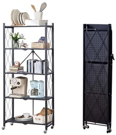 Zstar Klappregal, Aufbewahrungsregal, 4 Etagen Regal Mit Rollen, KüChenregal Stehend Standregale, Faltregal Storage Shelves für Die KüChe, BüRo, Schwerlastregal Schwarz, 70x40x158cm