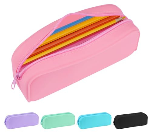 Aesthetic Silicone Pencil Case, Small Pouch for Teens, Adults and Secondary School Students, Durable and Lightweight Pencil Bag, Makeup Pouch, Art Supplies Organizer (Pink)