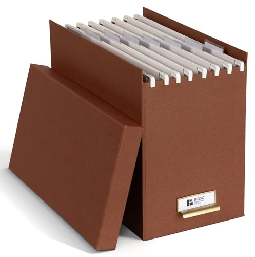 BIGSO JOHAN - Scatola portadocumenti sospesa con coperchio, elegante scatola con 8 cartelle sospese, realizzata in 100% fibra riciclata e carta in elegante effetto lino, colore: Siena