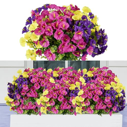 Elecoutek Flores Artificiales de Exterior, 12 Paquetes Flores Artificiales de Trompeta, Plantas de Floración Simulada con Protección UV, para Interior y Exterior, Decoración del Hogar, Balcón Porche