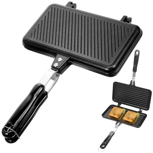 Didiseaon Sandwichmaker Camping Doppelseitige Bratpfanne: Aluminium Camping Toaster Sandwichtoaster Waffeleisen Klapptoaster Schwarz Sandwich Maker für Küche Frühstück