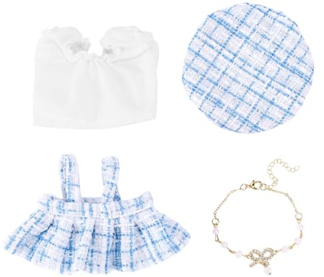 Lyreh 17cm Vêtements de Poupée Ensemble, Élégants Vêtements pour Peluche Poupées Comprenant Une Chemise Robe Chapeau et Collier pour 17cm Poupées Tenues Présentation ou Décoration