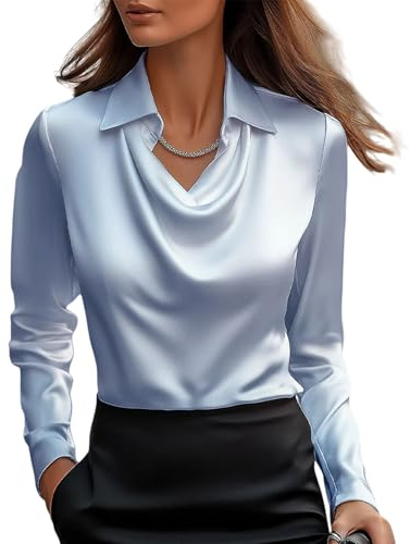 MorFansi Blusa de satén para mujer, cuello en cascada, elegante, de manga larga, camisa de seda, camisa de trabajo, camisa de negocios de manga larga, azul, L
