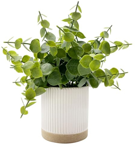 Artificial Eucalyptus Plant Small Fake Faux Plant for Desk Indoor Decor | Green Plant with Ceramic Pot Artificial Potted Plant Fake Plant for Desk Home Bathroom Farmhouse Room Coffee Table Decor