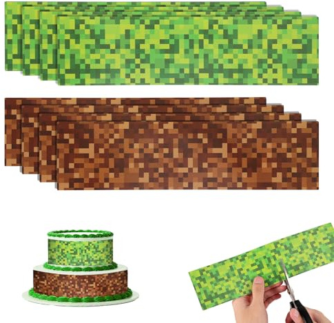 8pz Decorazioni Bordi Torte a Tema Pixel Game, Strisce Involucro Decorazioni per Torte Verdi e Marroni per Feste Compleanno a Tema Pixel