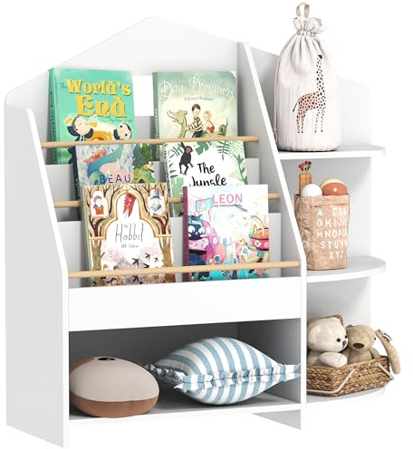 AIYAPLAY Bücherregal für Kinder Kinderregal mit 4 offenen Fächer 3 Ablagen Aufbewahrungsregal aus Kiefernholz Spielzeugregal für Spielzeug Bücher Standregal für Kinderzimmer 80L x 30B x 79,7cm Weiß