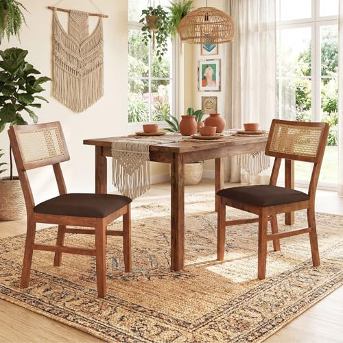 RELAX4LIFE Lot de 2 Chaises Salle à Manger en Bois, Chaise Cannage Vintage avec Dossier en Rotin, Assise en Velours, Bois d'Hévéa Robuste, pour Salle à Manger, Salon, Charge 180 kg (Velours,Noyer)