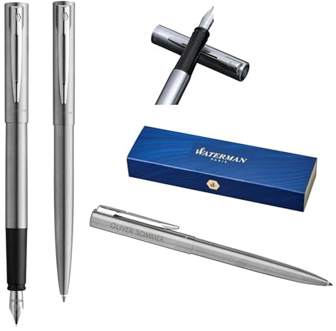 Waterman Allure set d'écriture avec gravure – Stylo à bille et stylo plume personnalisés – Ensemble d'instruments d'écriture de luxe en noir – Cadeau élégant pour femmes et hommes (acier inoxydable)