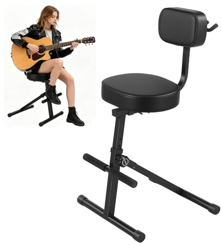 iondelce Adjustable Guitar Stool with Padded Seat & Backrest, Portable Foldable Guitar Chair for DJs, Drummers & Guitarists, Ergonomic Musician Performer Stool for Adults (Black-1)