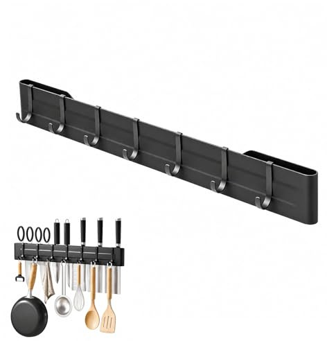 Support Ustensiles Cuisine 40cm Sans Perçage Rail de Cuisine avec 7 Crochet