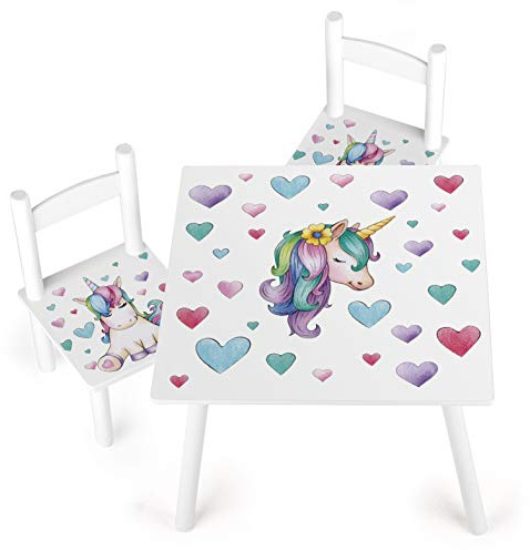 leomark Conjunto Infantil de Mesa y 2 Sillas Madera, Juego de Blanco Muebles Infantiles para Niños, Estable, Diversión y Aprendizaje, Fácil Montaje, Motivo: Unicornio, Altura: 42 cm