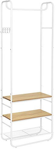 VASAGLE Coat Stand, Hall Tree, Coat Rack with Shoe Rack, Storage Shelves, Hallway, Bedroom, 58 x 28 x 181 cm, Scandinavian Style, Matte White and Golden Oak HSR81WN