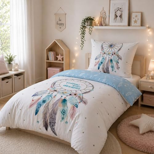 Traumfänger Bettwäsche Set 2-teilig Flanell - Wendebettwäsche Türkis aus 100% Baumwolle - Deckenbezug 135x200 und Kissenbezug 80x80 cm mit Reißverschluss - kuschelig weich, Ökotex zertifiziert