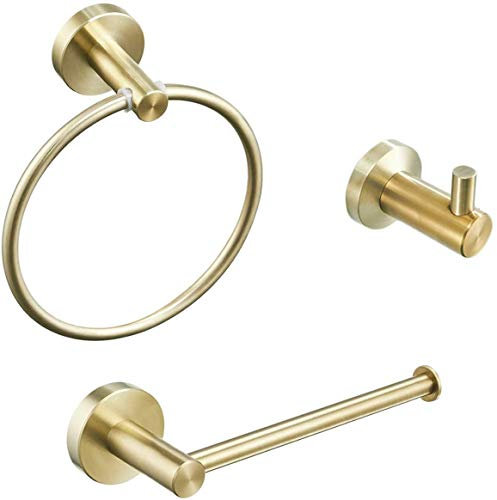 NEWRAIN Stainless Steel Bathroom Hardware Set Brushed Gold 3 Pieces Bathroom Hardware Accessories Sets Wall Mounted Double Towel Ring Towel Holder Hook Toilet Paper Holder
