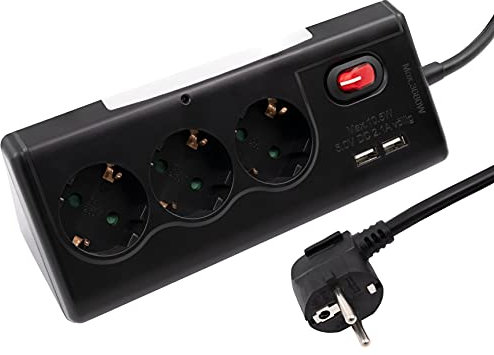 MC Power - Tischsteckdose Mehrfachsteckdose | TS-03 | Eck-Steckdosenleiste schwarz für Tisch/Schreibtisch mit 2X USB, AN/AUS Schalter, steuerbares LED-Licht