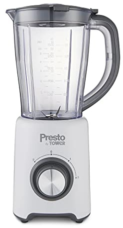 Presto By Tower Jug Blender, 1.5 Litre Capacity, 2 Speed Settings and Pulse, Stainless Steel Blades and Dial, 35 g Grinder Attachment, Powerful 500W, White, PT12052WHT