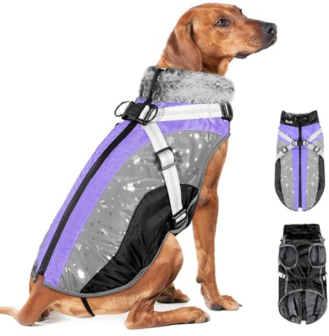 SlowTon Winter Dog Coat with Detachable Harness, Waterproof Fleece lining Warm Dog Clothes for Small Medium Large Dogs, Reflective Adjustable furry Jacket Outdoor Walking Puppy Vest Apparel