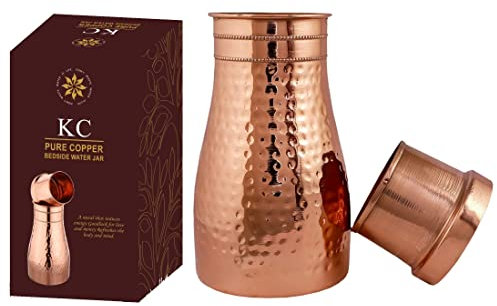 KC Bouteille d'eau en cuivre pur martelé | Pichets | Carafe à eau | Bocal pour chambre à coucher | Carafes de chevet avec gobelet/verre avec couvercle | Verseuse Lacqure 1000 ml