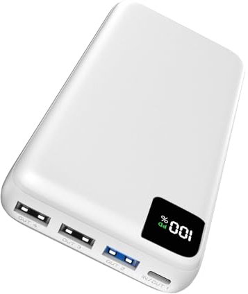 Batería Externa 27000mAh Power Bank - Bilivein 22.5W Cargador Portátil USB C con 4 Salidas Power Bank Carga Rápida PD con Pantalla LED para Celular Tablet Blanco