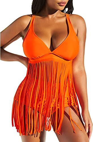 Femme Maillot de Bain 2 Pieces avec Frange Sexy,Taille Haute Deux pièces Push up Bikini Set Tankini Col en V pour Swimwear Swimsuit Plage Piscine(Orange,XXL)
