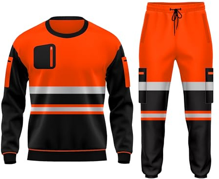 Survêtement de travail en polaire haute visibilité avec ourlet ouvert, pantalon resserré, poches à cordon de serrage, sweat-shirt à manches longues, haut et bas de sécurité, Orange et noir., L