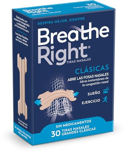 Breathe Right Clásicas - 30 Tiras Nasales/Alivio de la congestión nasal/Ayuda a reducir los ronquidos/Tiras nasales para respirar mejor/Sin Medicamentos (Grande)
