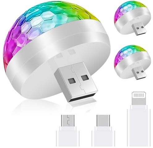 URAQT Luci da Discoteca USB, 3 Pezzi Mini Luci a Sfera Discoteca, 4 Colori Luci Atmosfera per Auto a LED, Mini Luci da Discoteca RGB Portatile, con 3 Adattatori, per Feste, Club, Compleanno, karaoke