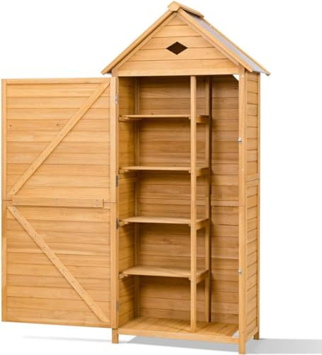 GOPLUS Gartenhaus Holz, 80x45x176 cm Gerätehaus wetterfest, Geräteschuppen mit Satteldach & 5 Ablagen & Schloss, Gartenschrank für Terrasse & Balkon, für die Lagerung von Gartengeräten (Hellbraun)
