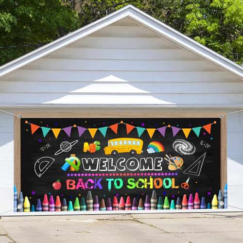Toile de fond de porte de garage pour la rentrée scolaire - 4 x 1,8 m - Grand tableau noir pour la maternelle et les étudiants - Grande bannière de décoration extérieure