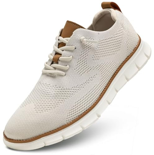 Mens Business Oxford Shoes Mesh Casual Sneakers Lightweight Breathable Work Office Dress Shoes Comfortable Walking Trainers for Men Beige
